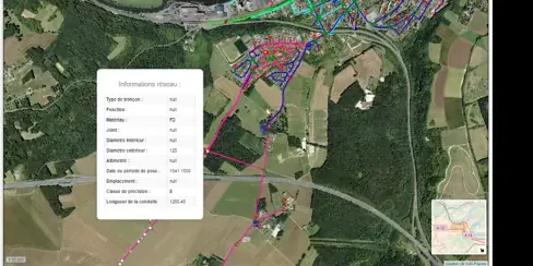 Interface WebSIG communale, couches du réseau d’eau potable et fiche d’information sur un tronçon